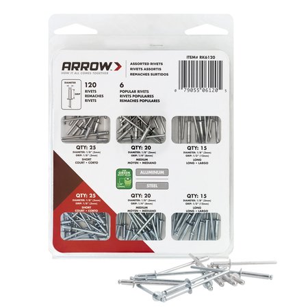 ARROW Rivet, 1/8" Dia., 1/8"; 1/4";1/2" L, Steel, Aluminum Body RK6120